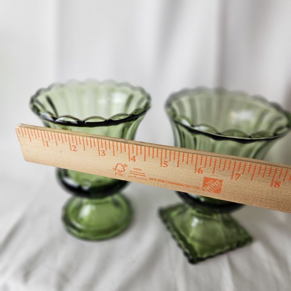 VTG Pressed Indiana Avocado Green Glass/Square Pedestal 6” X 4.5” Set Of 2 - Picture 3 of 5